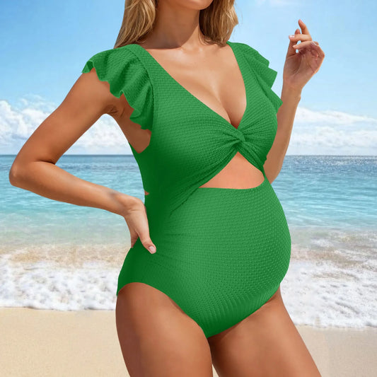 Women’s Maternity One-Piece Swimsuit – Solid Color Pregnancy Bathing Suit with Ruffled Edges, Comfortable Swimwear