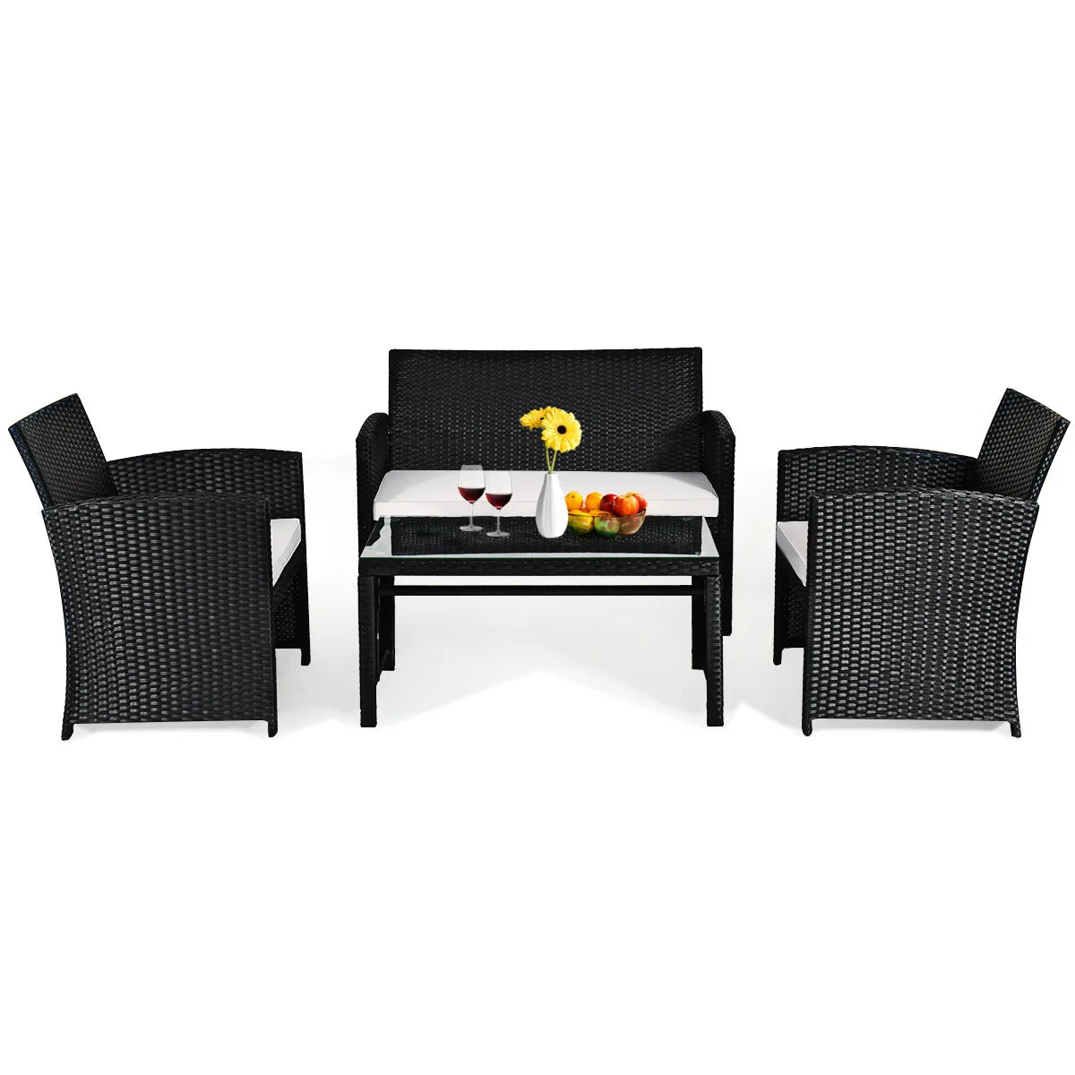 “4-Piece Rattan Patio Conversation Set – Cushioned Outdoor Sofa, 2 Chairs & Coffee Table with Tempered Glass Top”