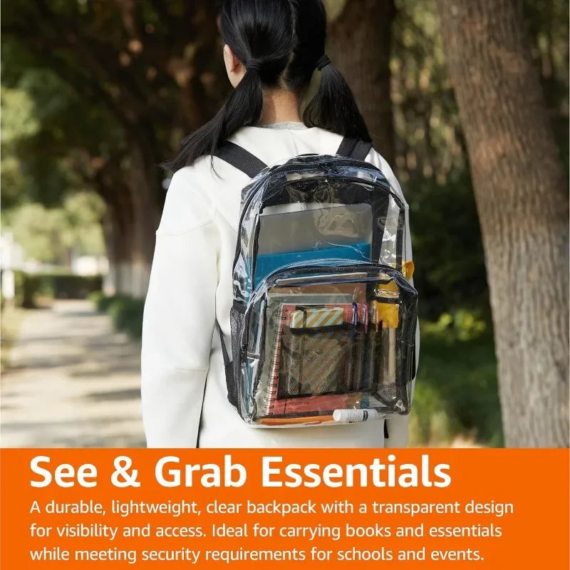 Clear Transparent School Backpack – Water-Resistant PVC Bag with Reinforced Straps | Security-Compliant Student Bookbag