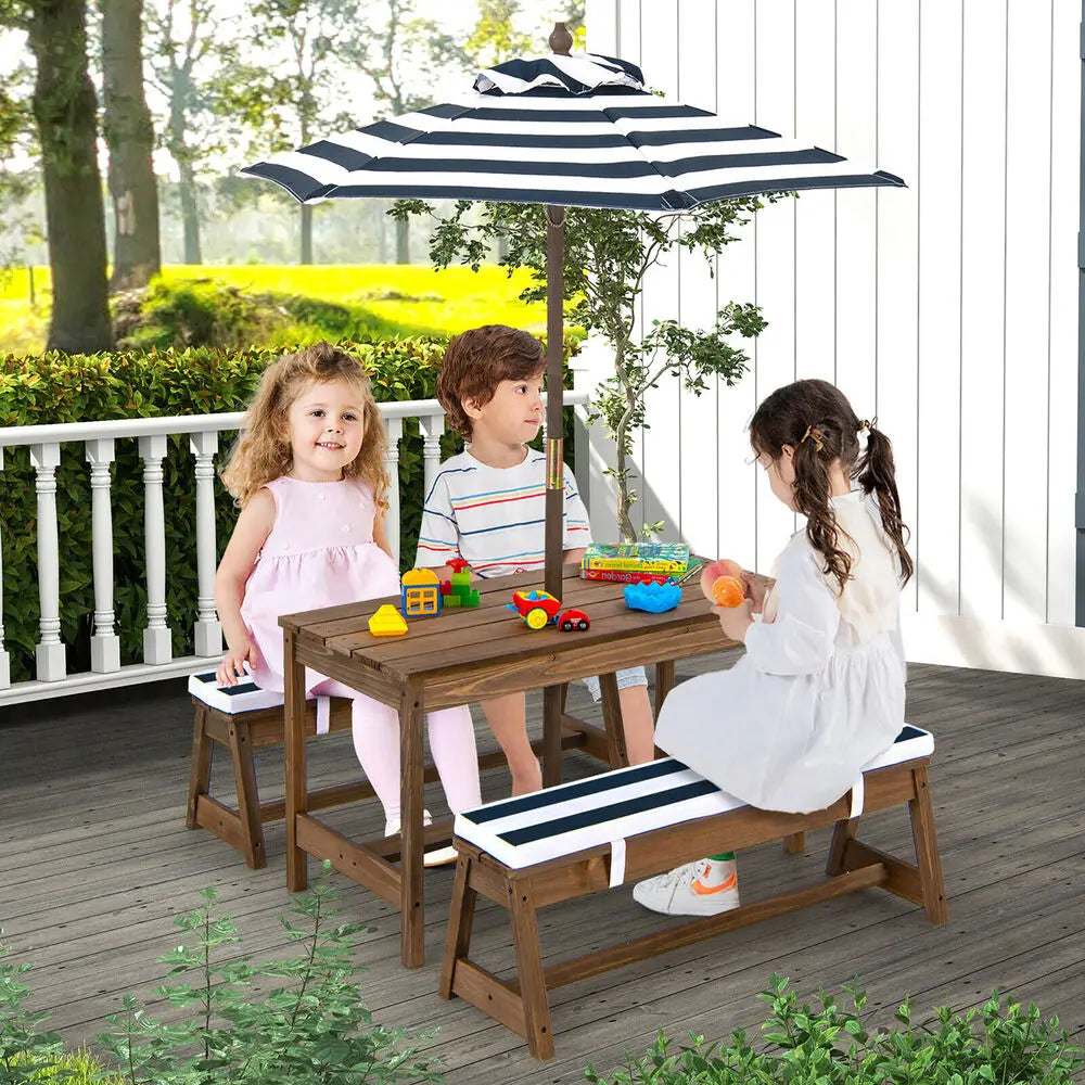 Kids Wooden Picnic Table & Bench Set with Cushions and Umbrella – Indoor & Outdoor Use (Blue)