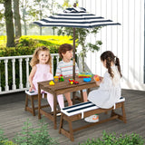 Kids Wooden Picnic Table & Bench Set with Cushions and Umbrella – Indoor & Outdoor Use (Blue)
