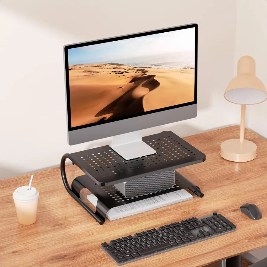 2-Tier Metal Monitor Stand Riser – Desktop Shelf with Vented Design for Computer, Laptop & Desk Organization