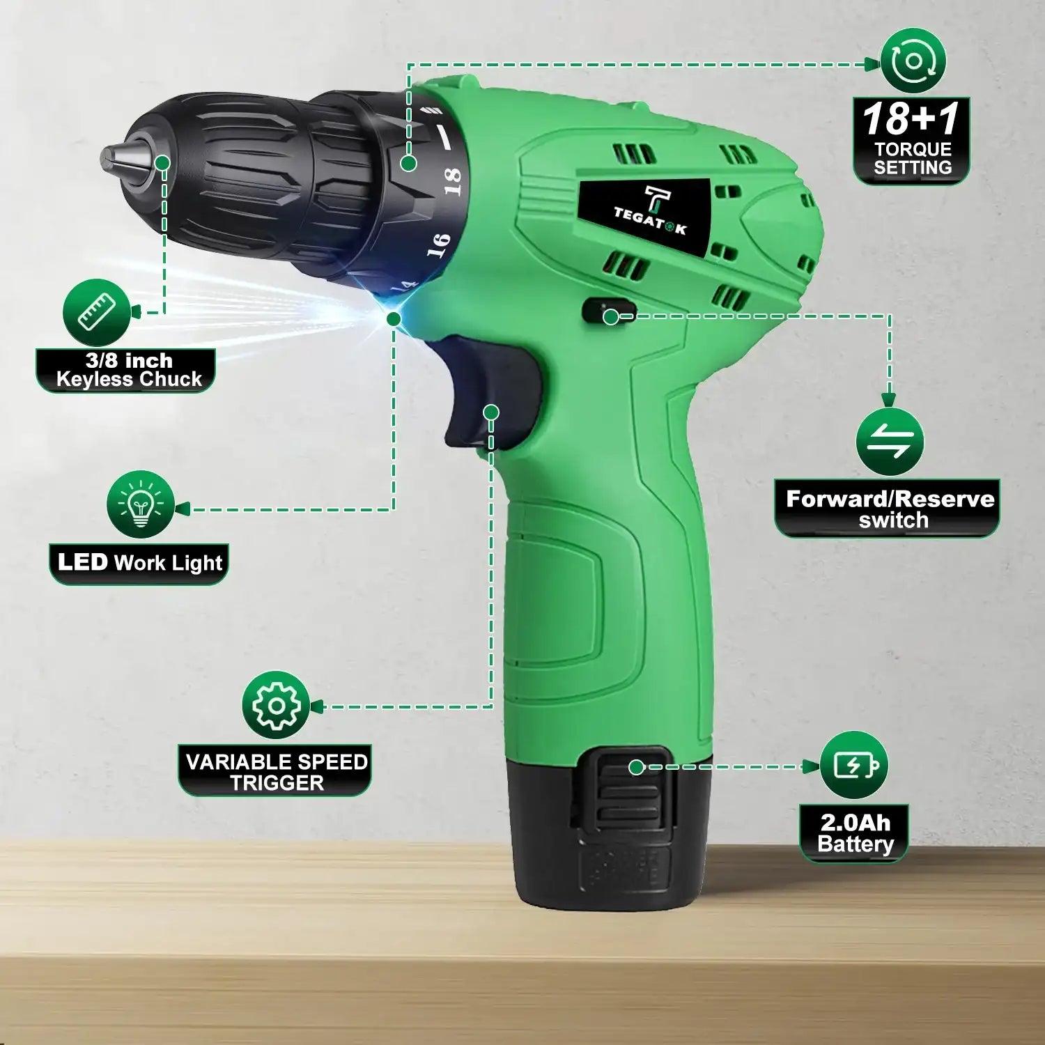 12 V Cordless Drill Set – 18 Torque Settings Power Drill with 3/8″ Keyless Chuck for Home Maintenance