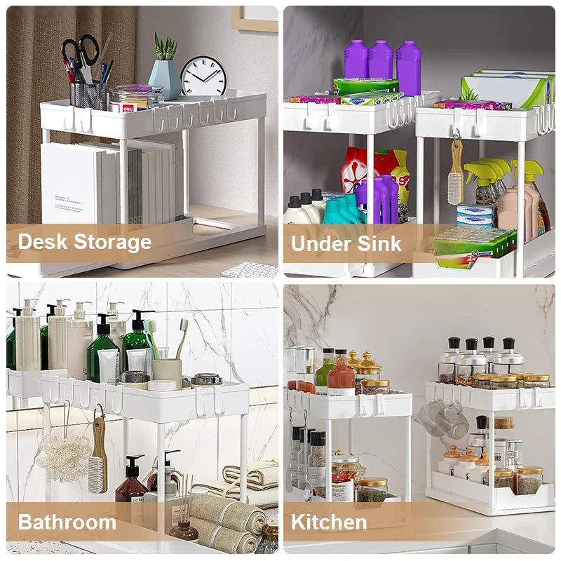 2-Tier Sliding Under-Sink Organizer with Hooks & Hanging Cup – Cabinet Storage Rack for Bathroom & Kitchen
