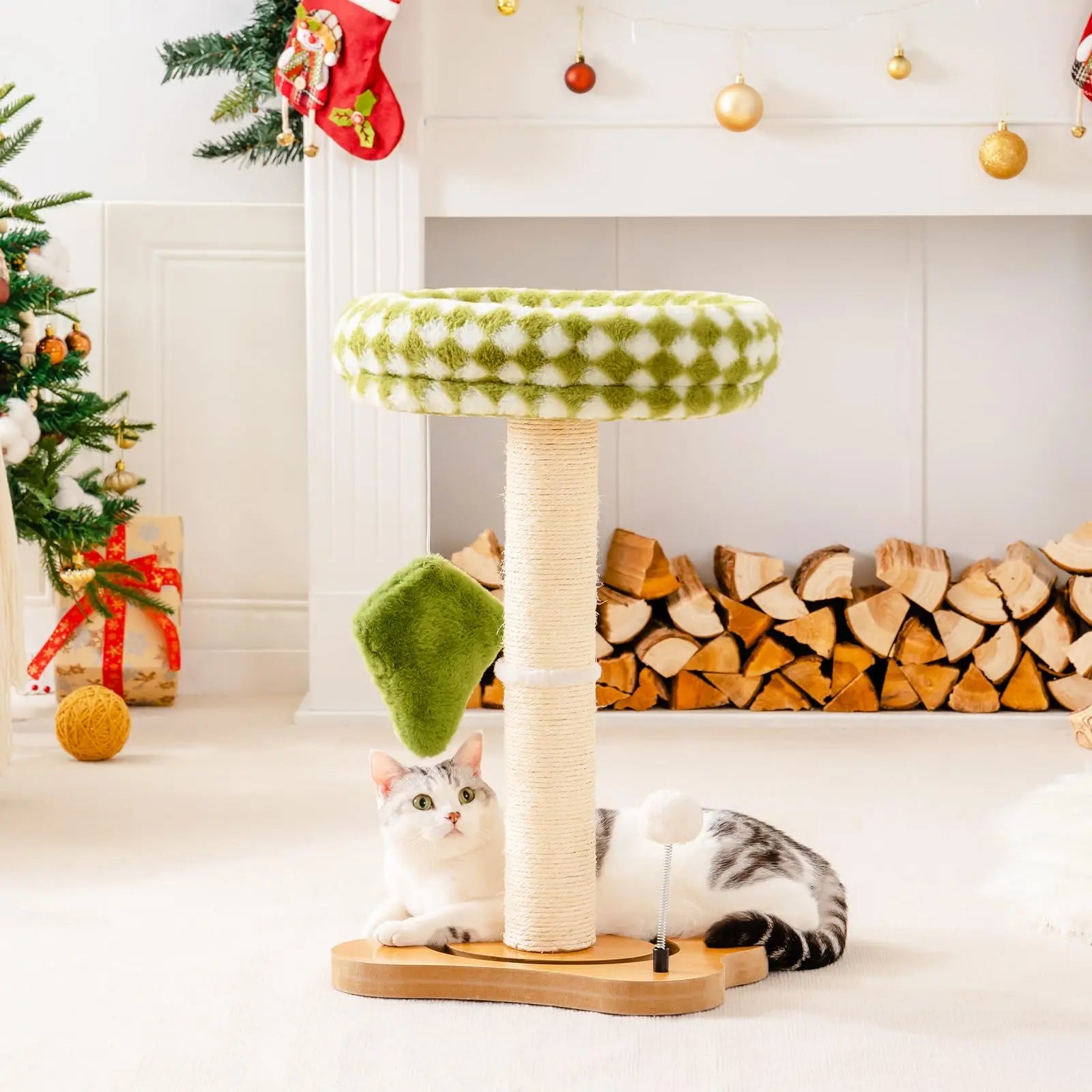 Mewoo Cat Scratching Post Bed – Small Cat Tower with Sisal Scratcher, Ball Track & Toys, Green & Brown Medium Size