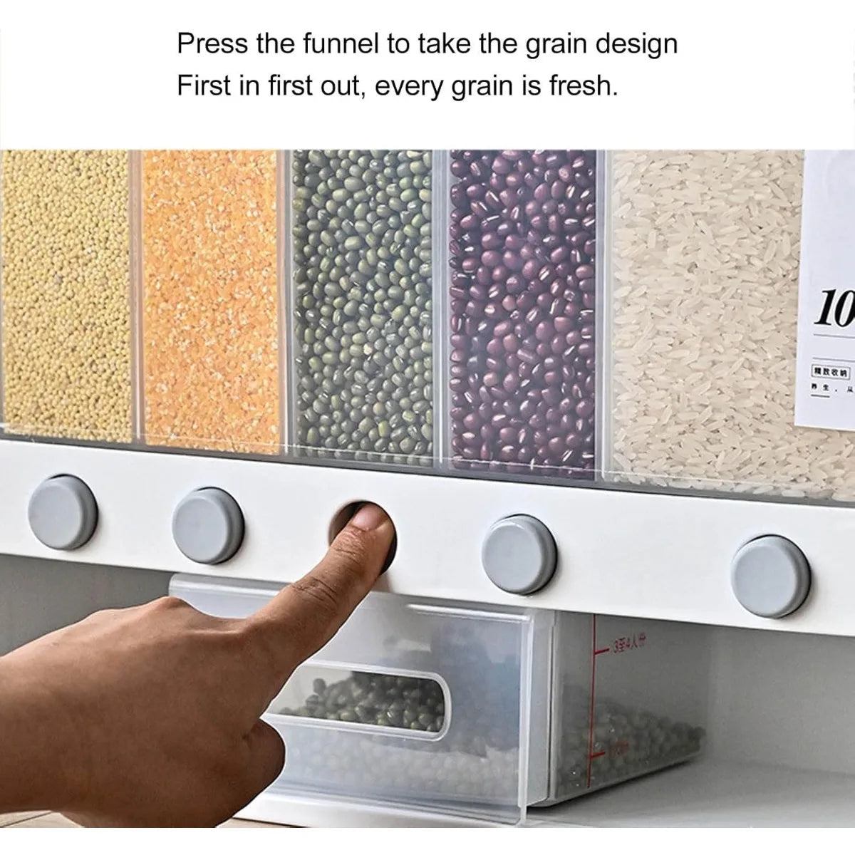 Wall-Mounted Cereal & Dry Food Dispenser 10L – Rice & Grain Storage Container with Measuring Cup for Kitchen & Pantry