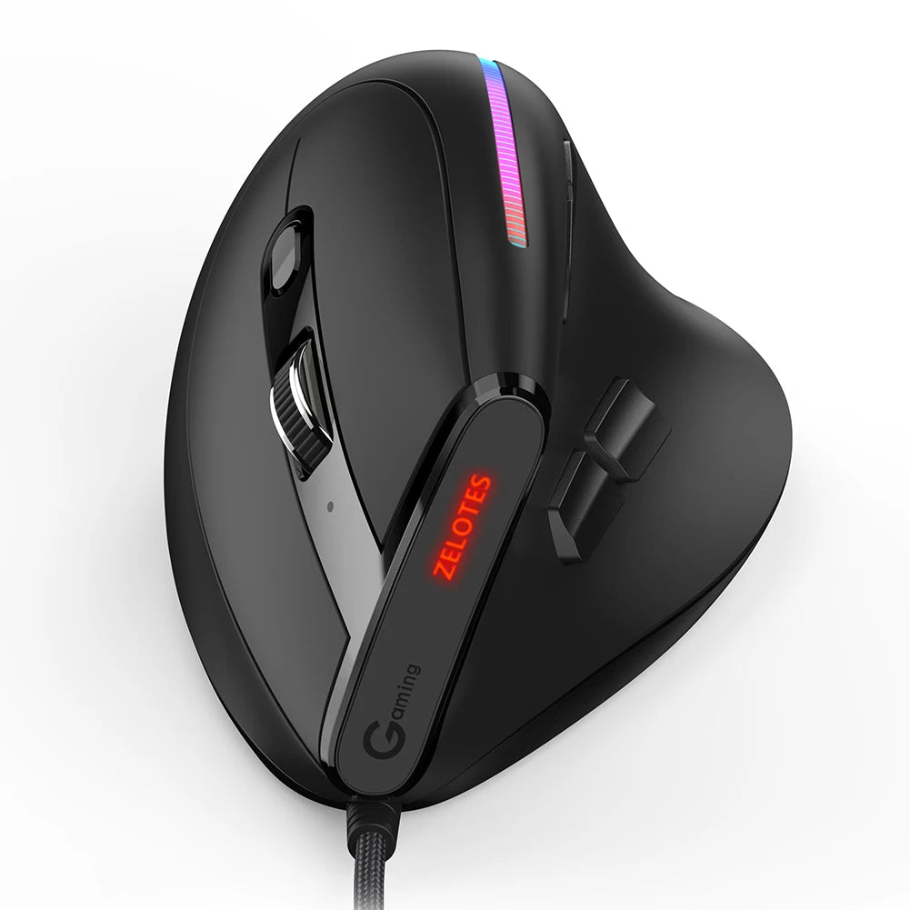 Zelotes T-50 Vertical Gaming Mouse – RGB Wired Ergonomic Optical Mouse with 9 Buttons & 12,800 DPI Adjustable Sensor