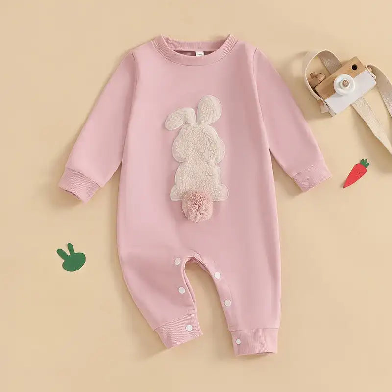 Plush Bunny Embroidery Romper Jumpsuit – Long Sleeve Crew-Neck Spring Infant Outfit for Baby Girls & Boys