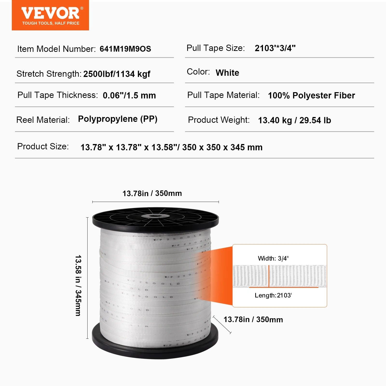 Vevor Polyester Mule Tape – Flat Pulling Webbing, 6000 lbf, 528 ft for Conduit, Packaging & Gardening