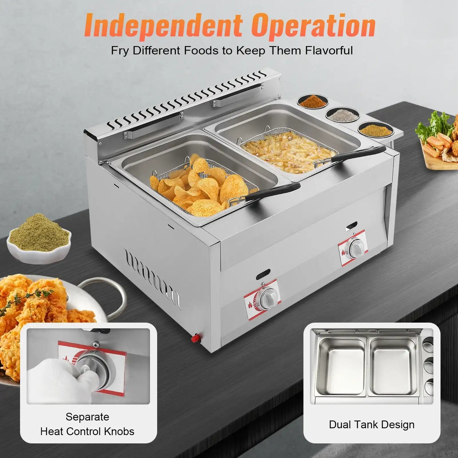 6 L × 2 Dual-Tank Commercial Gas Countertop Deep Fryer – Stainless Steel Fat Fryer for French Fries & Chicken Wings
