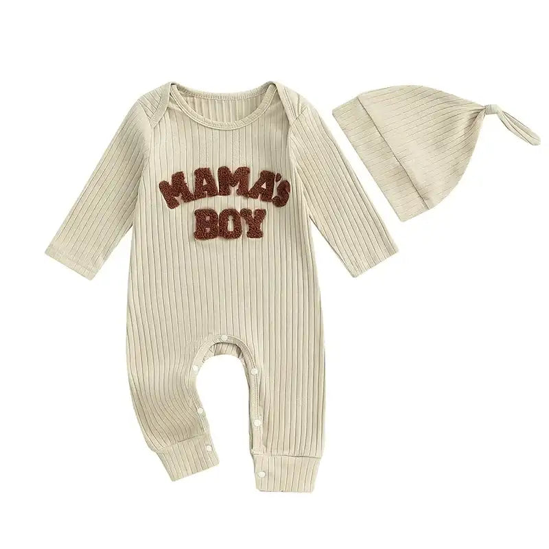 Letter-Embroidered Ribbed Long-Sleeve Baby Boy Bodysuit with Hat – Fall Outfit Jumper for 0-24 Months