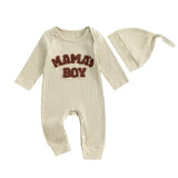 Letter-Embroidered Ribbed Long-Sleeve Baby Boy Bodysuit with Hat – Fall Outfit Jumper for 0-24 Months