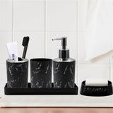 5-Piece Marble Bathroom Accessory Set (Black & White) – Lotion Dispenser, Toothbrush & Mouthwash Cups, Soap Dish & Box