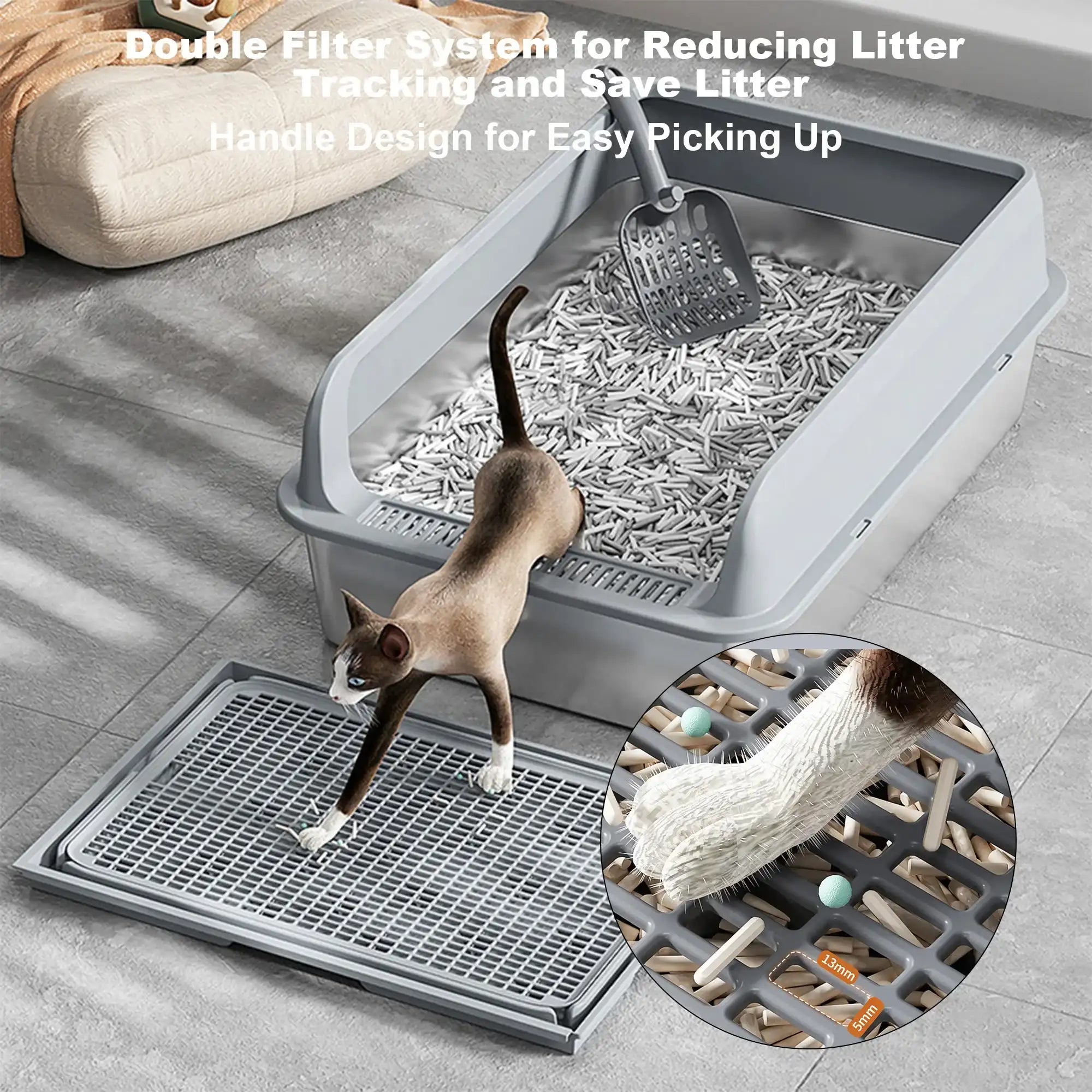 Stainless Steel Cat Litter Box – High-Sided Pan for Large Cats, Double-Layer Mat & Scoop Included
