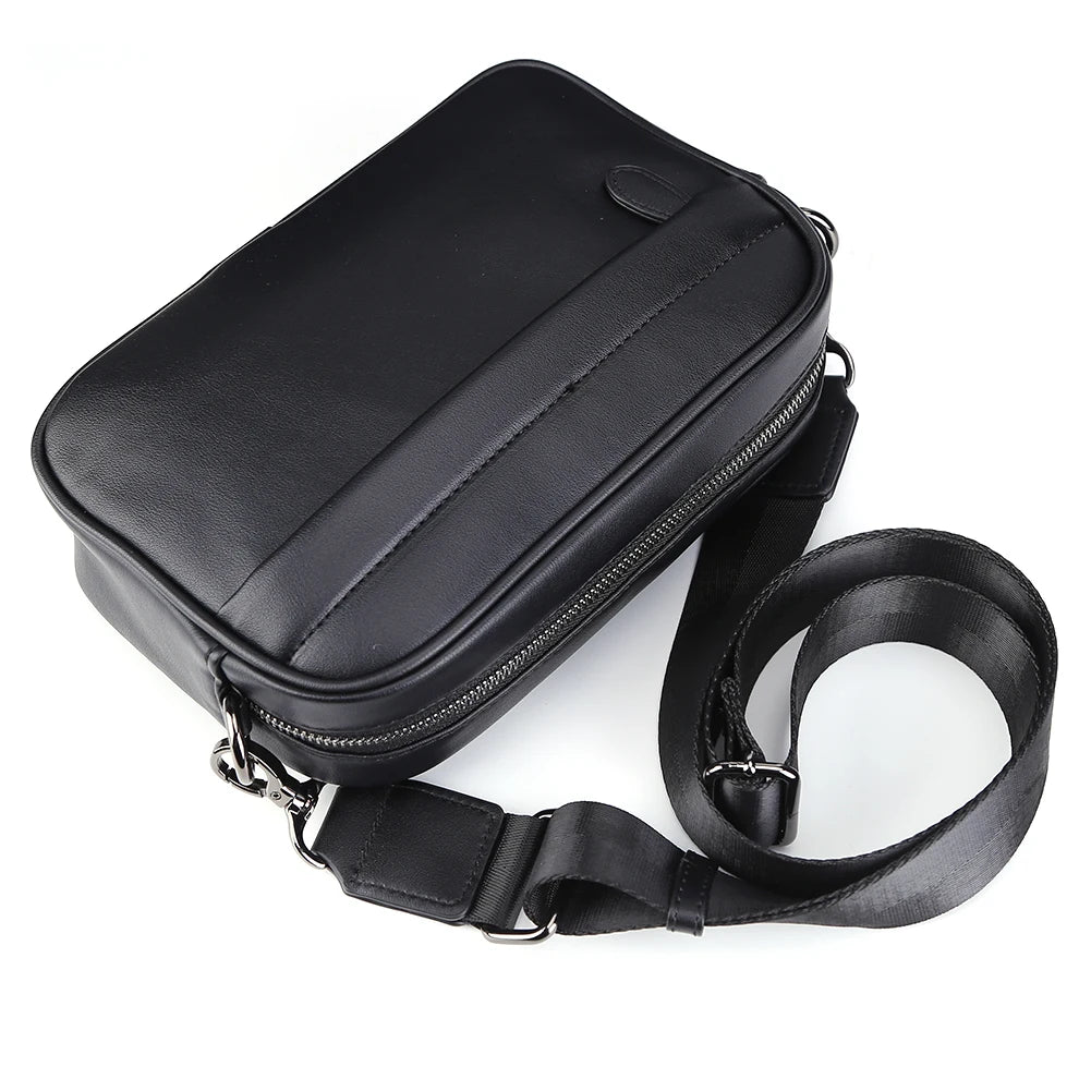 Men’s Leather Crossbody Shoulder Bag – Classic Pattern Small Square Satchel with Wide Strap for Casual, Business, Travel & Work