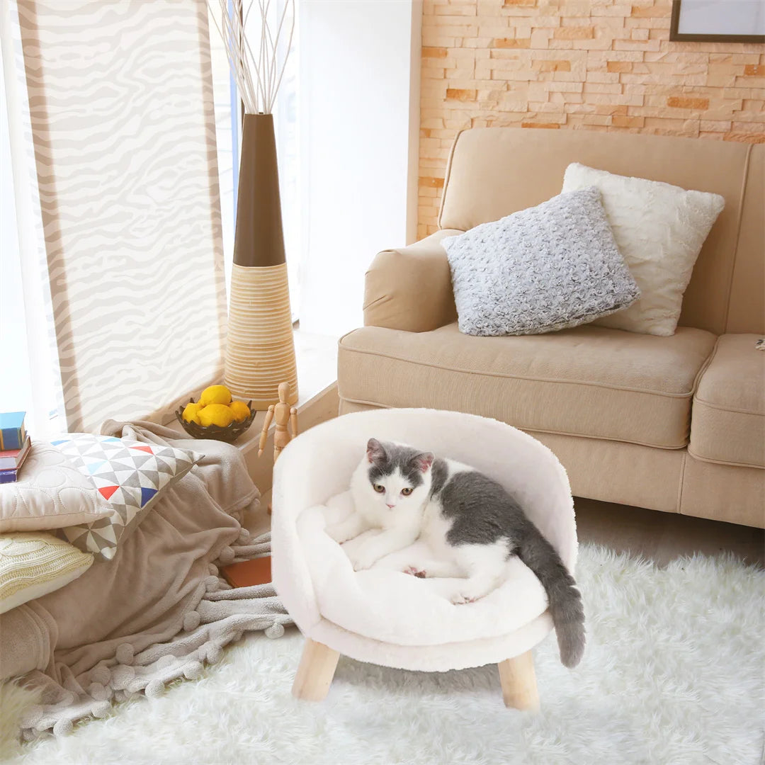 Luxury Cat Bed – Soft Plush Nesting Chair with Cushion Pad, Wooden Legs & Washable Waterproof Design for Small Pets