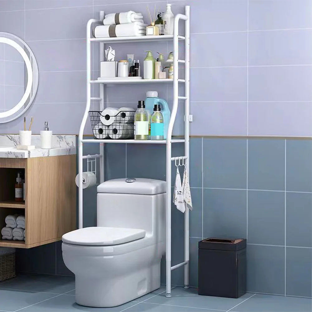 2-3 Tier Over-The-Toilet Freestanding Metal Storage Shelf with Paper Holder & Hooks – Space-Saving Bathroom Tower