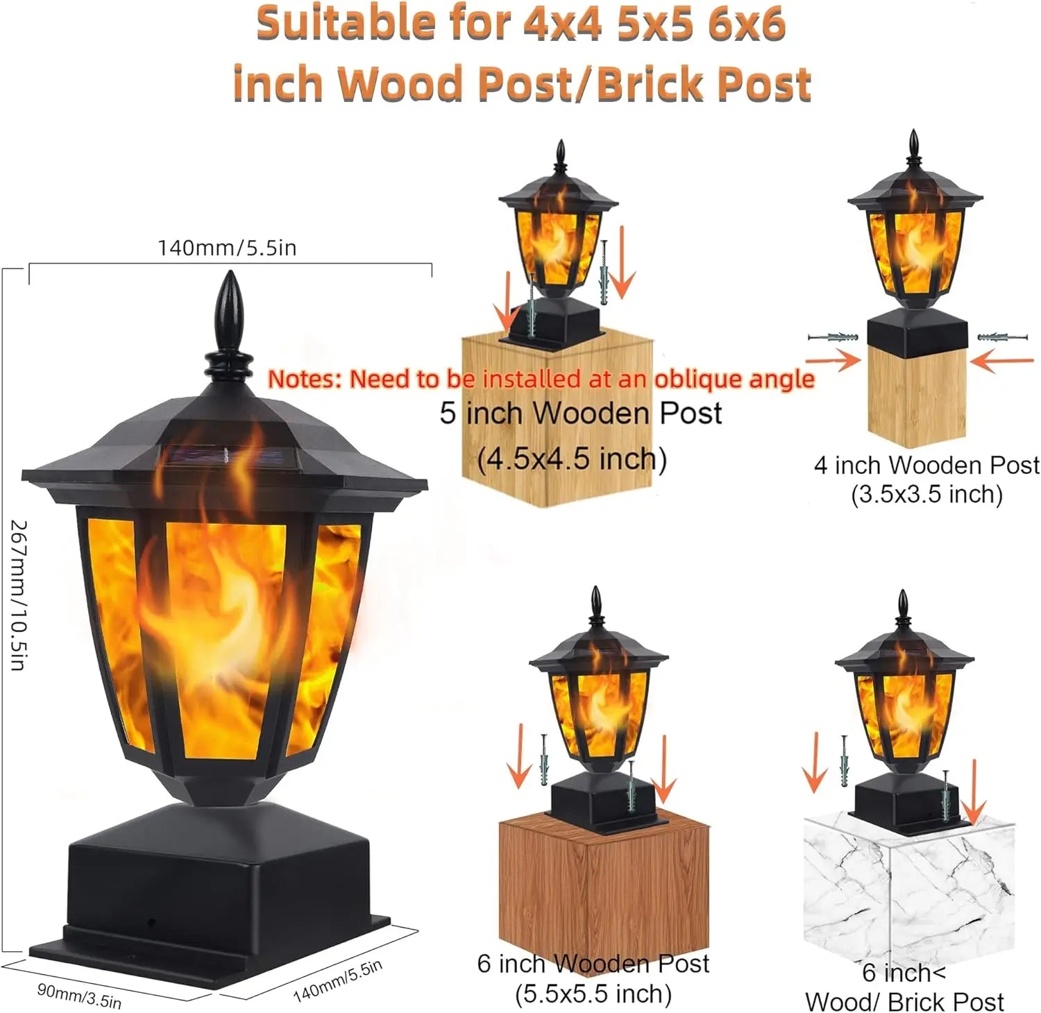 Waterproof Outdoor Solar Flame Post Light – Flickering Flame LED Lantern for Garden & Patio (Fits 4x4 / 5x5 / 6x6 Wooden Posts)