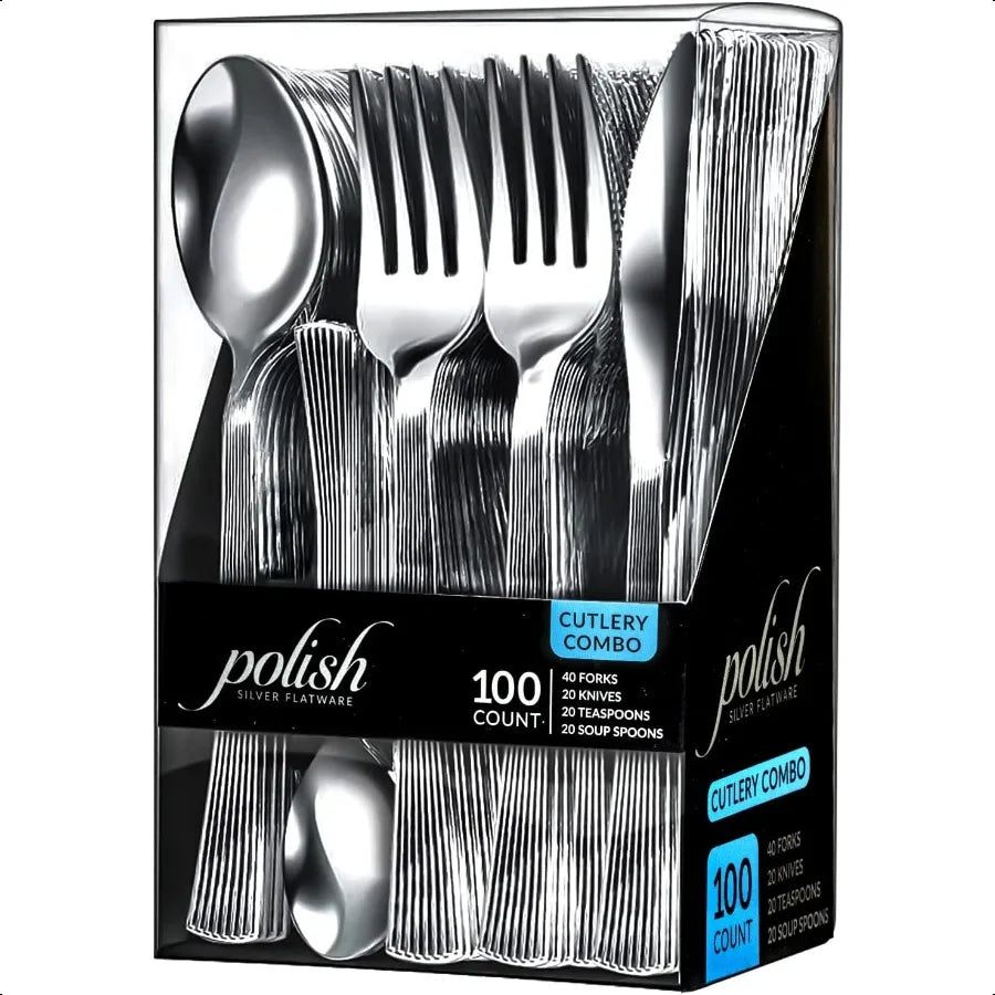100-Piece Heavy-Duty Plastic Silverware Set – Elegant Disposable Knives & Flatware for Parties & Events