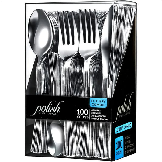 100-Piece Heavy-Duty Plastic Silverware Set – Elegant Disposable Knives & Flatware for Parties & Events