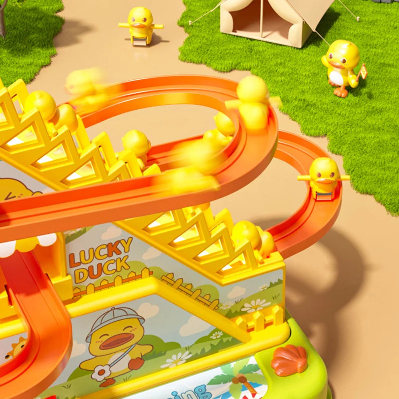 Duck Stairs Climbing Toy – Electric Track Slide with Flashing Lights & Music, Roller Coaster Duck Toy Gift for Kids & Toddlers