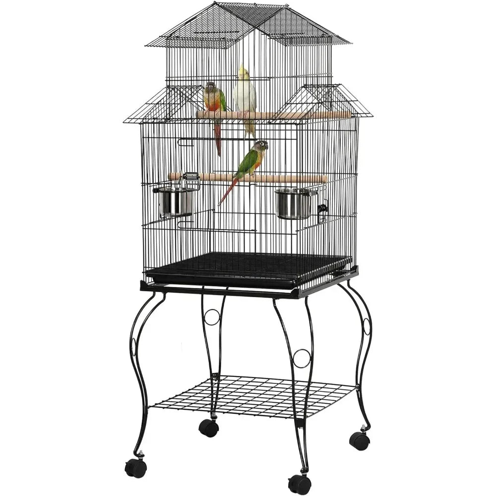 55″ Rolling Triple-Roof Parrot Cage – Sturdy Medium Size with Detachable Stand