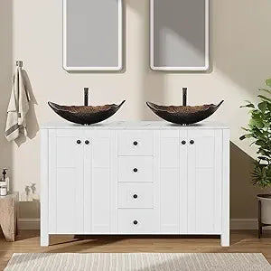 48" White Bathroom Vanity – Marble-Texture Top, 4 Drawers & Double Glass Vessel Sinks (Modern Standing Cabinet)