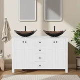 48" White Bathroom Vanity – Marble-Texture Top, 4 Drawers & Double Glass Vessel Sinks (Modern Standing Cabinet)