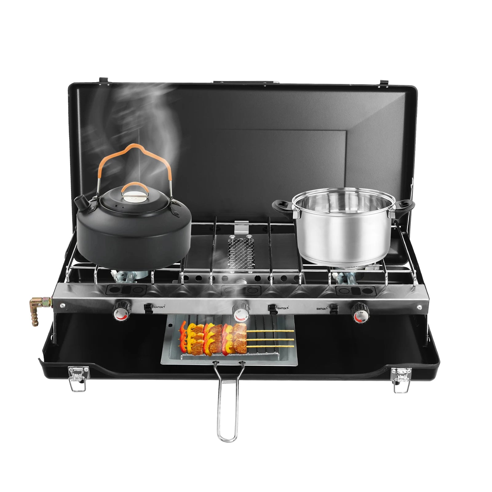 “Portable 3-Burner Camping Stove – Foldable Outdoor Gas Stove with Grid for BBQ & Cooking”