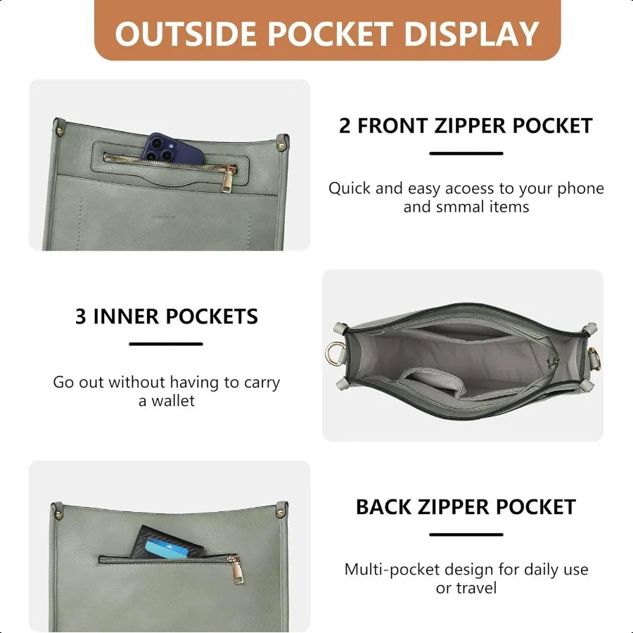 Women’s Hobo Crossbody Bag – 7-Pocket Shoulder Purse with Adjustable Guitar Strap | Modern Chic Handbag for Everyday Elegance