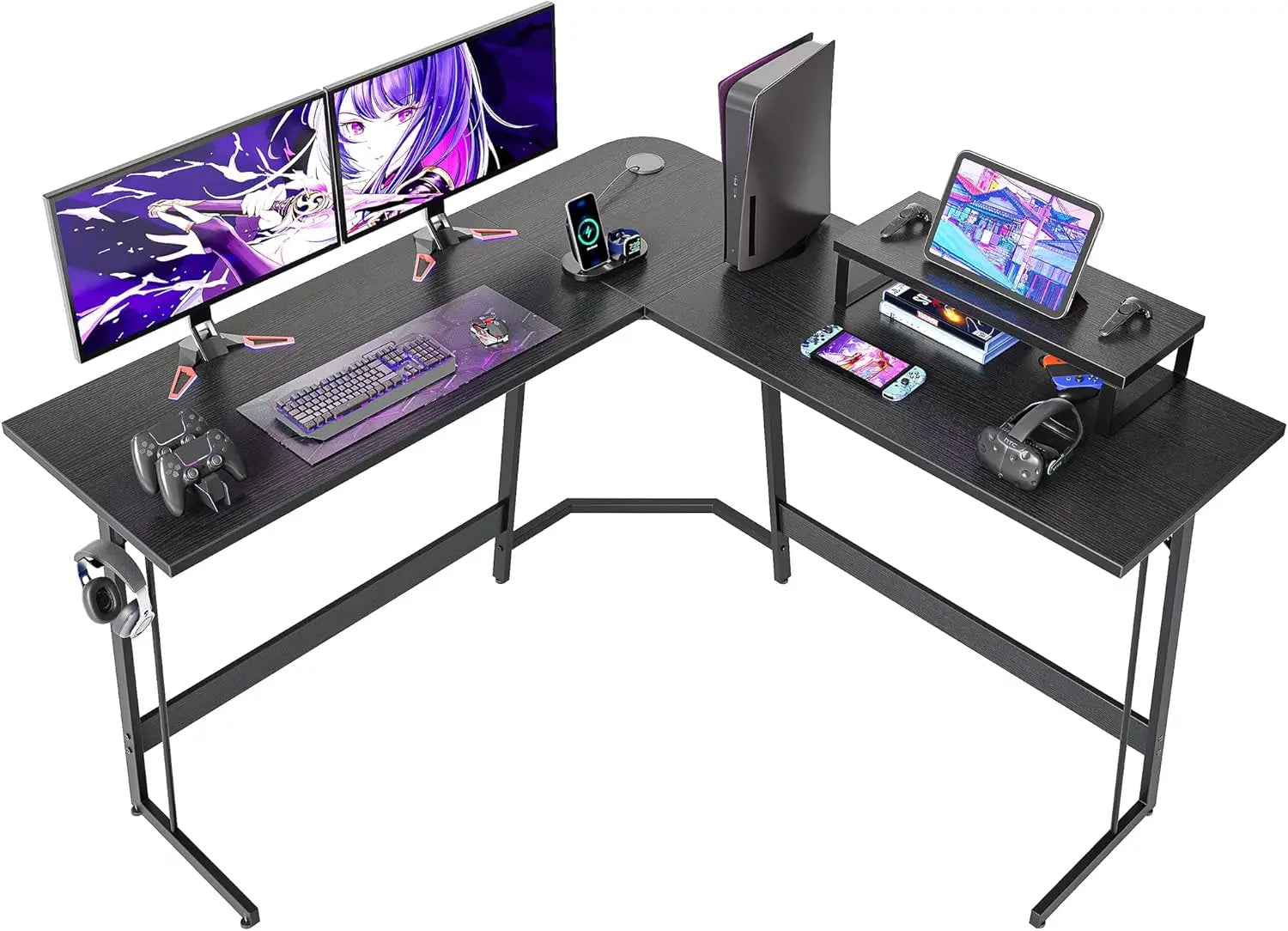 47-Inch L-Shaped Gaming Desk – Carbon Fiber Surface Corner Computer Desk with Large Monitor Stand for Home & Office Setup
