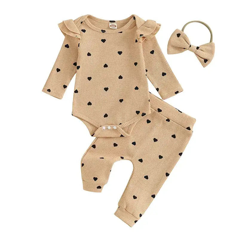 Infant Baby Girl Waffle-Knit Heart Romper, Pants & Headband 3-Piece Fall Outfit Set