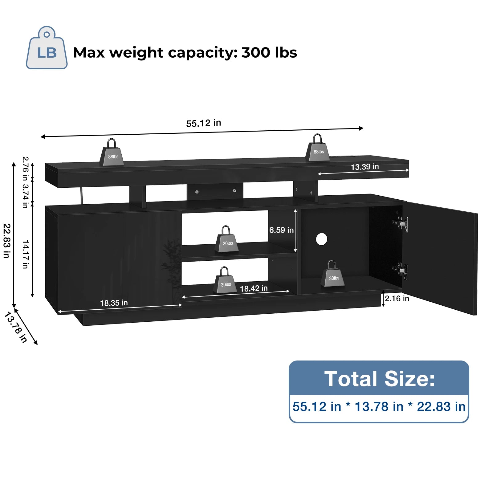 Modern LED-Light TV Stand for 55–65″ TVs – Built-in Power Outlets, Gaming & Console Storage Entertainment Center