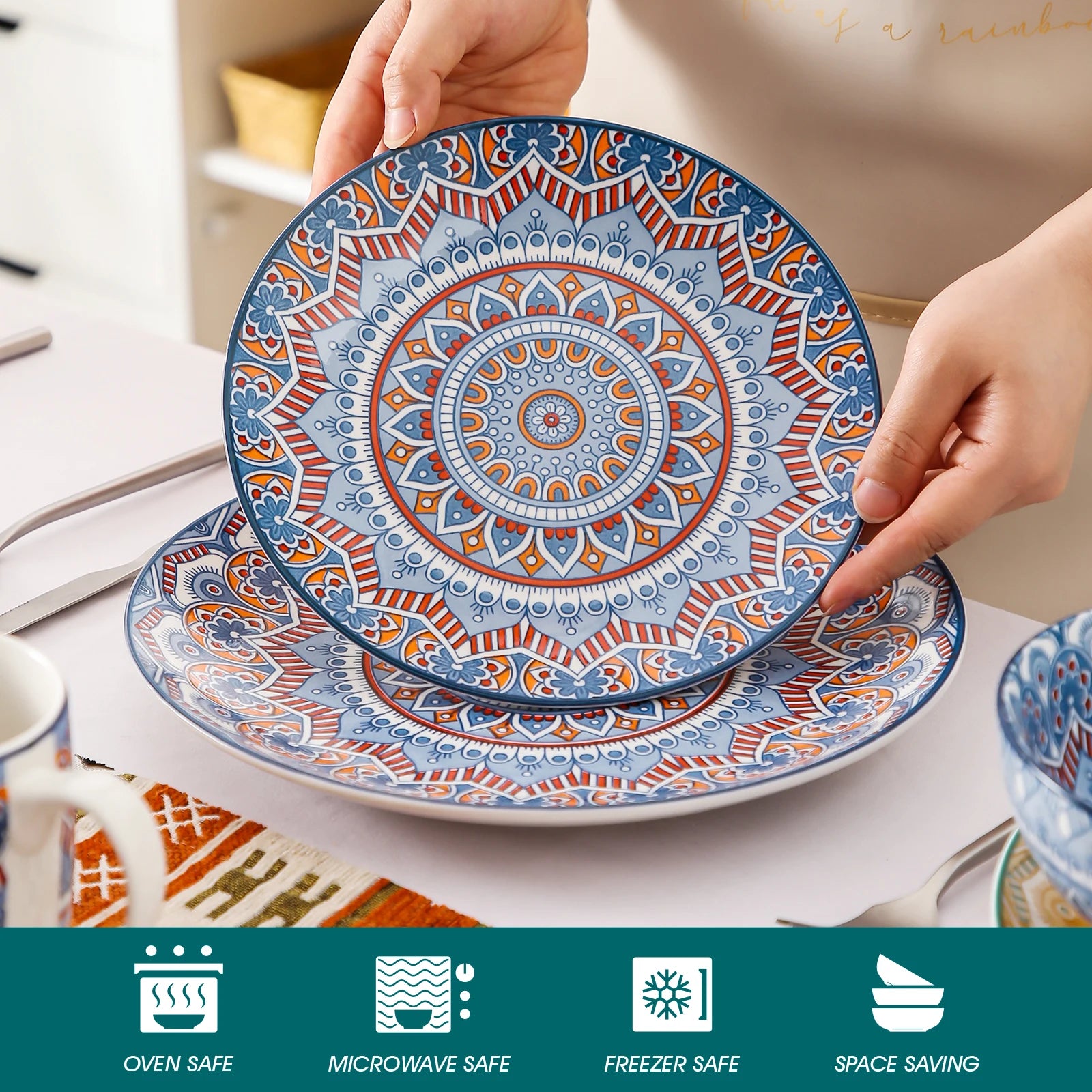 Vancasso Mandala 16/32/48-Piece Porcelain Dinnerware Set – Bohemian Mandala Pattern with Plates, Bowls & Mugs