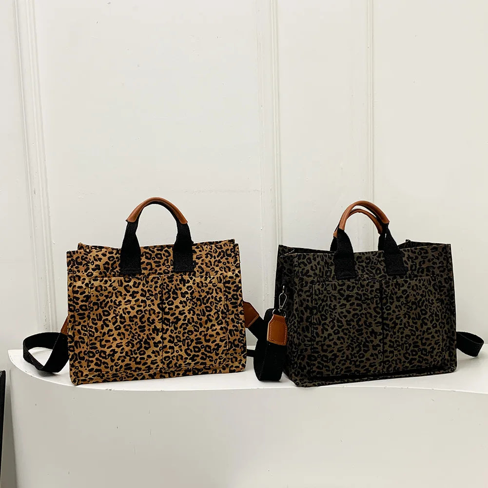 Leopard Print Canvas Tote Bag – Casual Briefcase with Pockets for Travel & Office