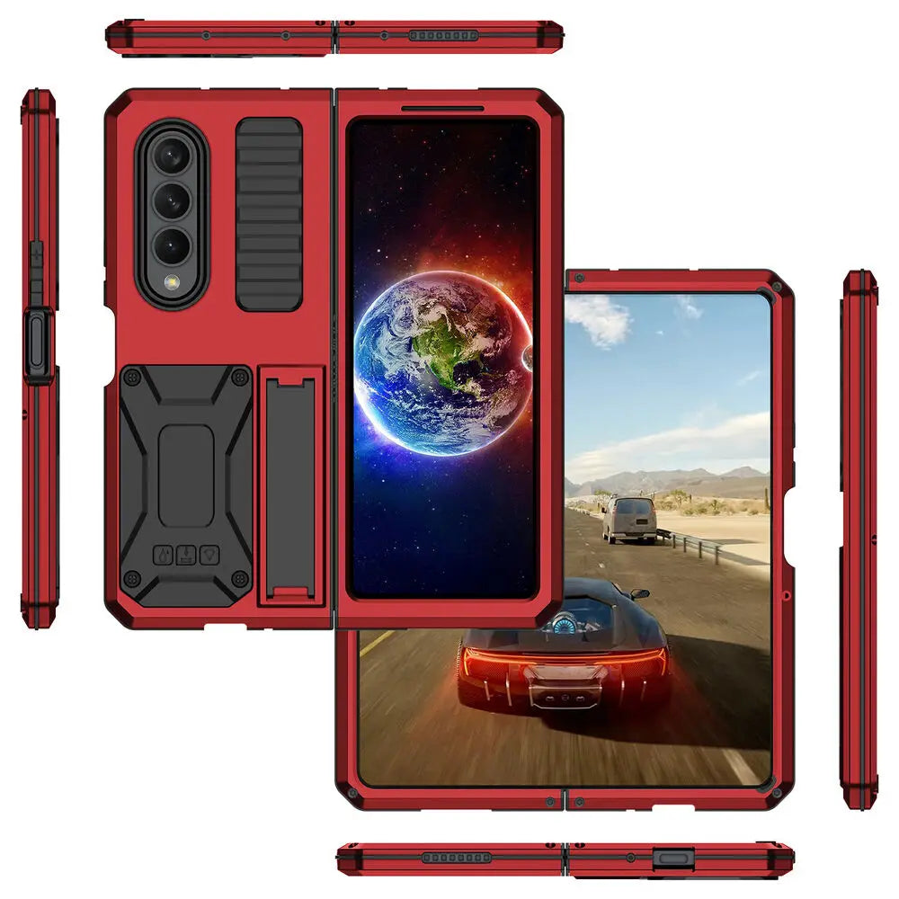 Heavy Duty Armor Metal Aluminum Case – Shockproof Military Stand Cover with Screen Protector for Samsung Z Fold 4