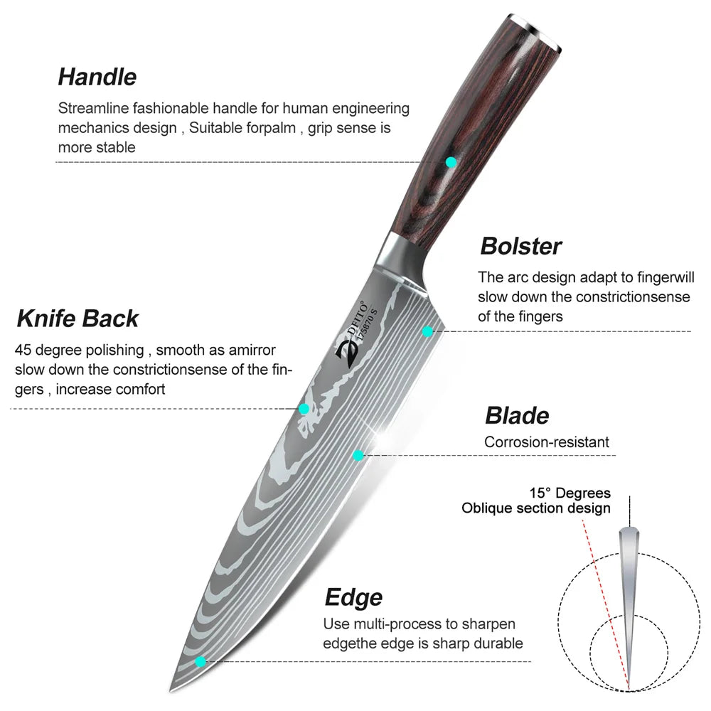 8‑Piece Damascus Stainless Steel Knife Set with Bag – Utility, Boning, Chef & Santoku Knives, Nylon Case Included 🔪