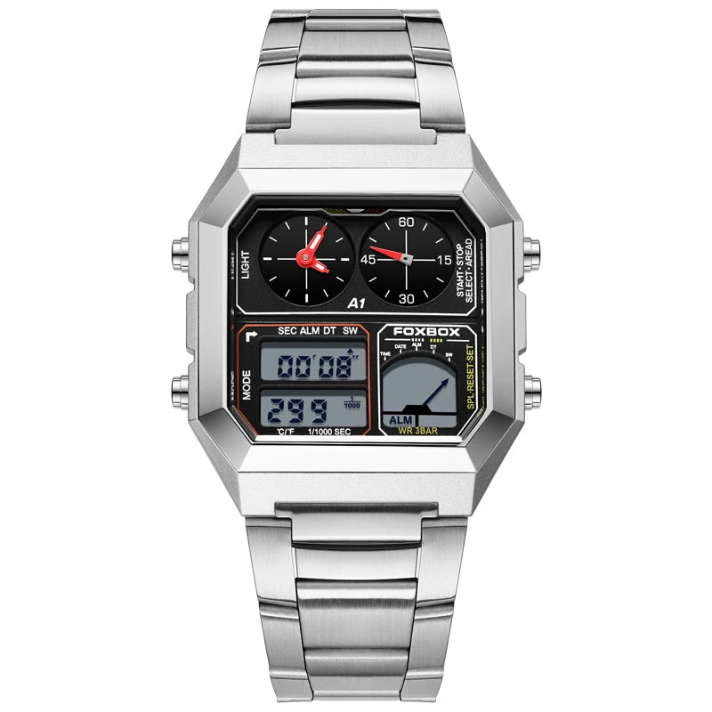 FOXBOX Men’s Electronic Sports Watch – Waterproof, Luminous Dial, Stainless Steel Strap & Alarm ⌚✨