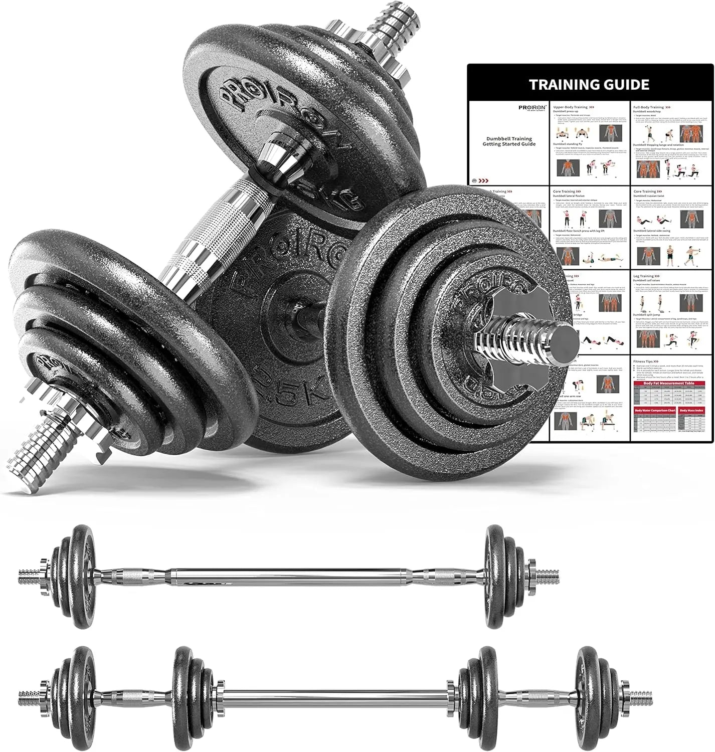 44LB Cast Iron Adjustable Dumbbell & Barbell Set – Solid Handles, Convertible Design for Bodybuilding & Home Training