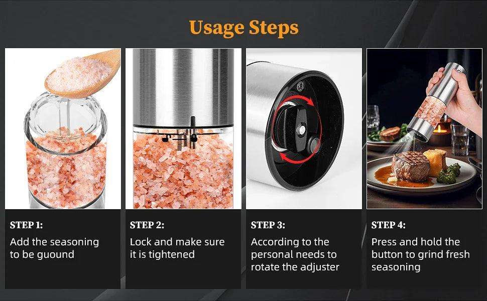 Electric Salt & Pepper Grinder Set – USB Rechargeable with LED Light & Adjustable Grind - PulinGO