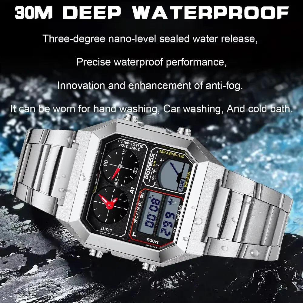 FOXBOX Men’s Electronic Sports Watch – Waterproof, Luminous Dial, Stainless Steel Strap & Alarm ⌚✨