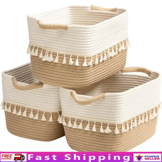 Cotton Rope Storage Bins – Set of 3 Stylish Woven Baskets for Home Organization, Toys, Blankets & Everyday Essentials