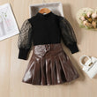 Girls Mesh Puff-Sleeve Turtleneck Top & PU Leather Pleated Skirt 2-Piece Set (Ages 1-6Y)