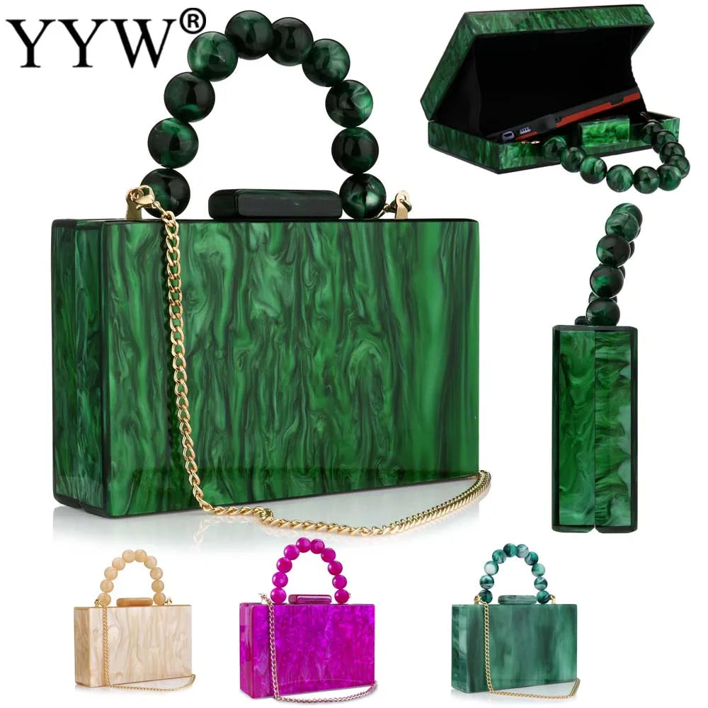 Women Beading Handbag Marble Acrylic Luxury Box Clutch – Evening Bag with Chain Shoulder Strap for Wedding, Party & Dinner Dress