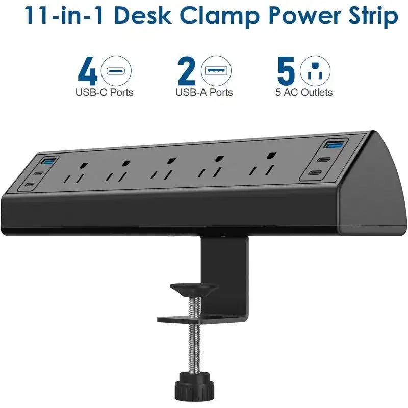 Clamp-Mount Power Strip with USB-C Fast Charging Station (40W) – Desk Edge Mount Surge Protector