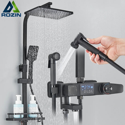 Digital Display Thermostatic Shower Mixer – Matte Black 4-Way Rainfall System with Shelf & Bidet Tap
