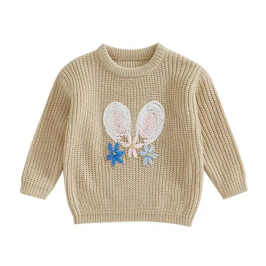 Toddler Kids Bunny Embroidered Long-Sleeve Knit Sweater – Easter Casual Jumper for Girls & Boys