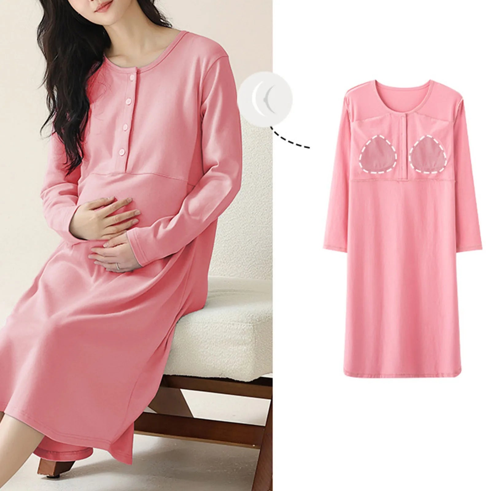 Women’s Maternity Winter Pajama Dress – Cotton Long Sleeve Nursing Clothes with Front Opening, Casual Homewear