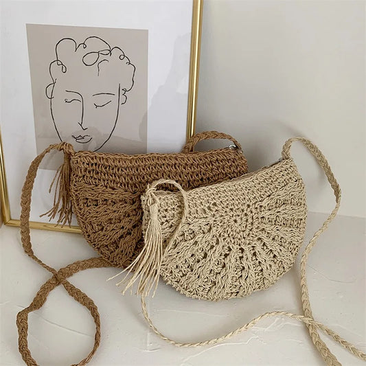 Half-Moon Woven Straw Crossbody Bag – Summer Beach Rattan Tote for Women