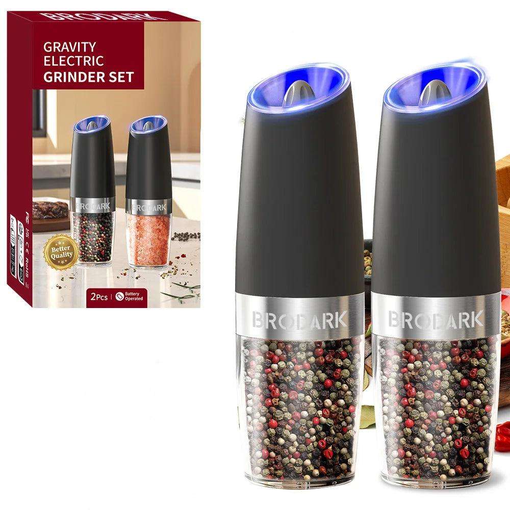 1/2pcs Gravity Electric Salt And Pepper Grinder Set, Battery Powered LED Light One HandAutomatic Operation - PulinGO